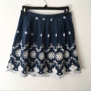 F21 Navy Lace Detail High Waist Skater Skirt